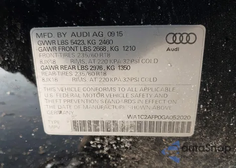 2016 Audi Q5 2.0T Premium из США, поврежденный, VIN WA1C2AFP0GA052020